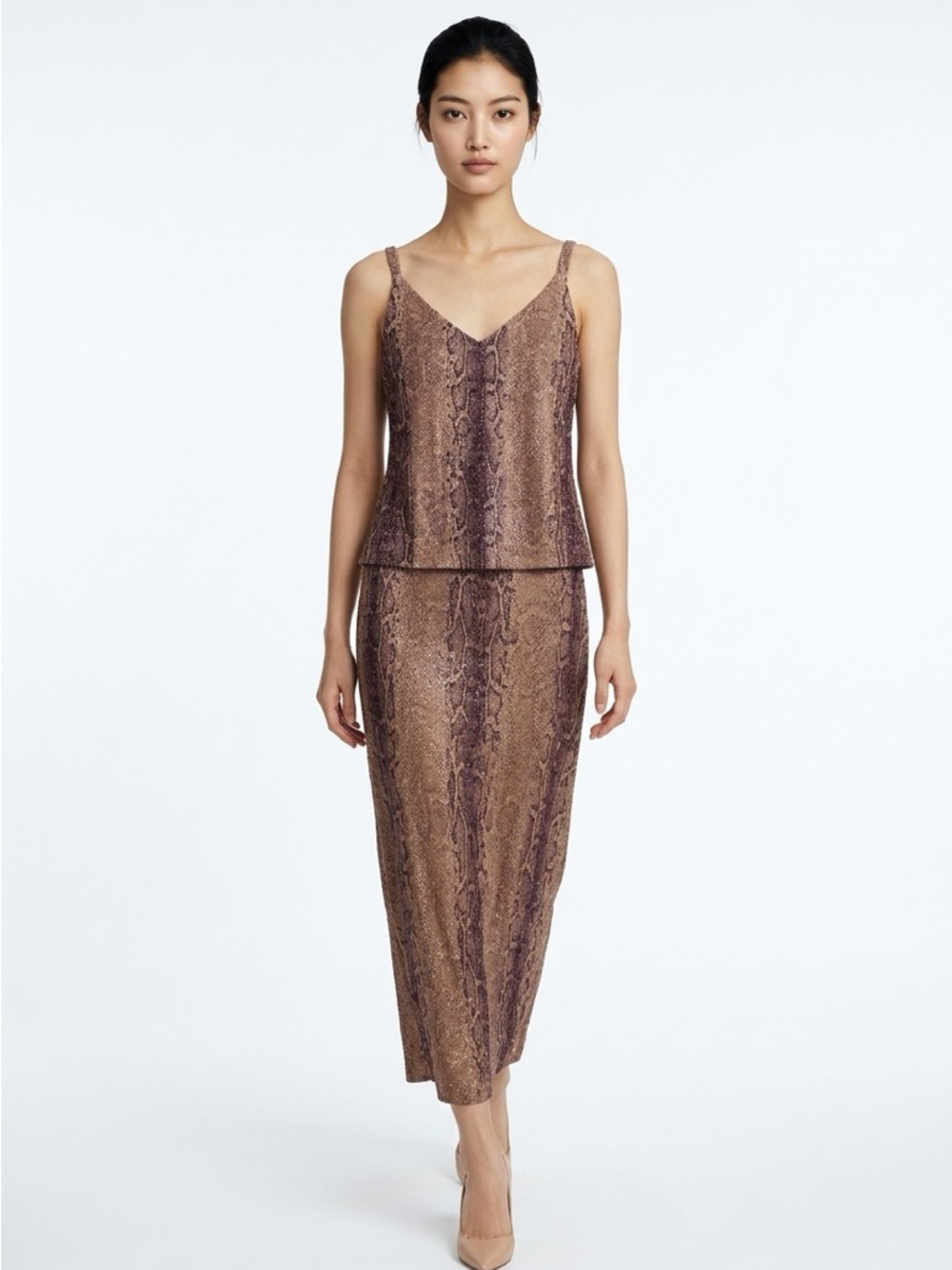 VTG EN Francais Metallic Snake-Print Slinky Shimmering Slit Women 10 Midi Dress